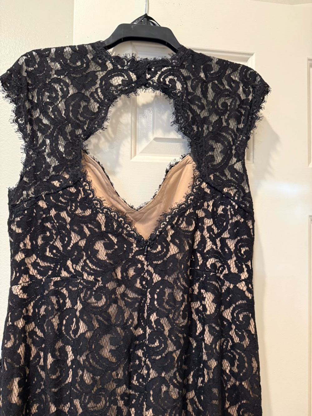 Tadashi Shoji Black Lace Over Nude Prom Dress